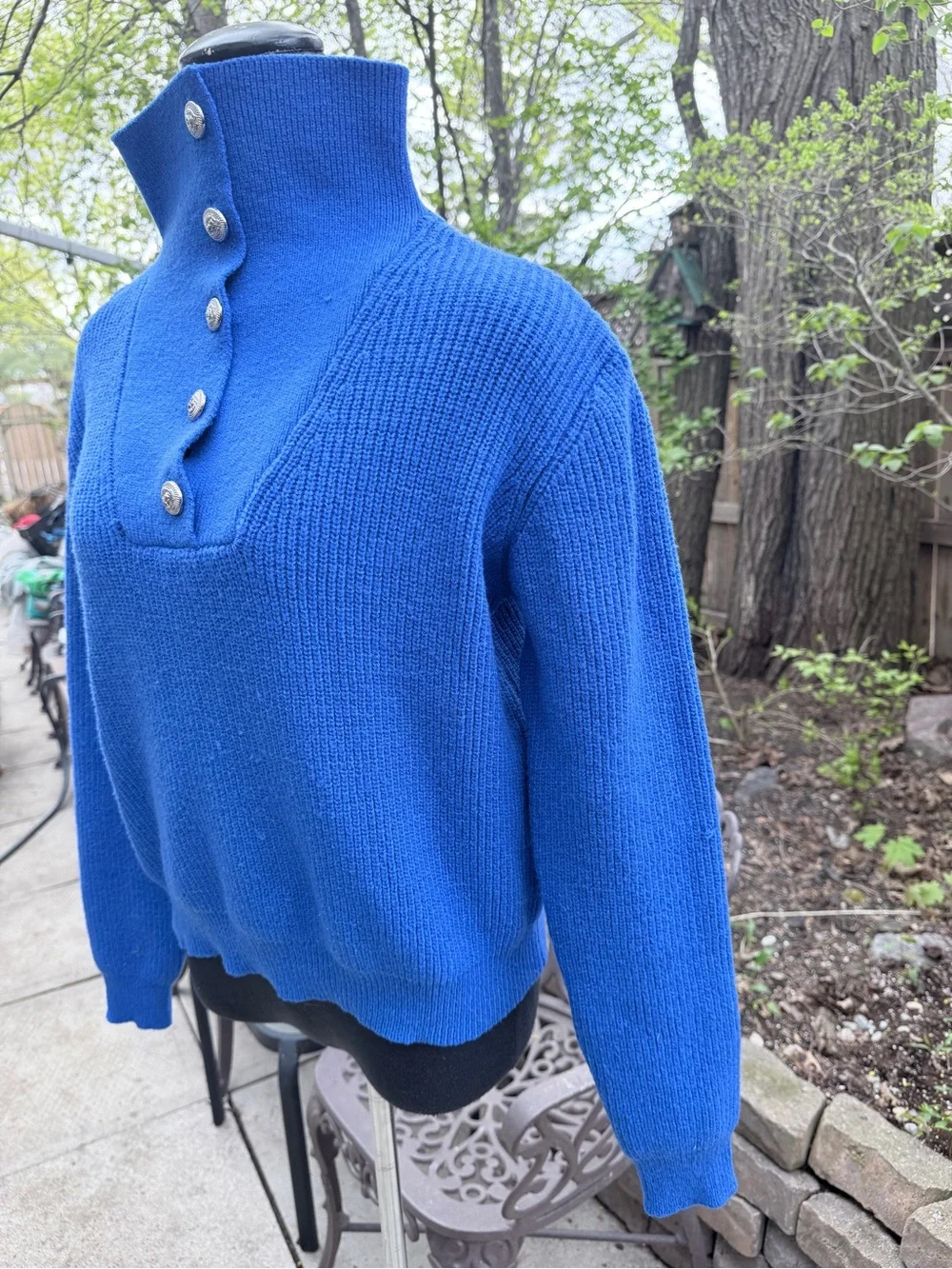 Blue Button-Neck Women’s Sweater - Picture 2 of 10